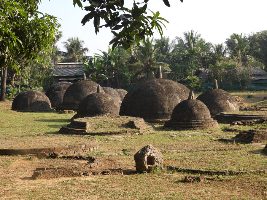 Ancient brick stupa ruins among palm trees
